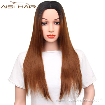 Aisi Hair Long Silky Straight Wave Ombre Brown Dark Root Wig Natural Wave Heat Resistant Synthetic Fiber Wigs For Black Women